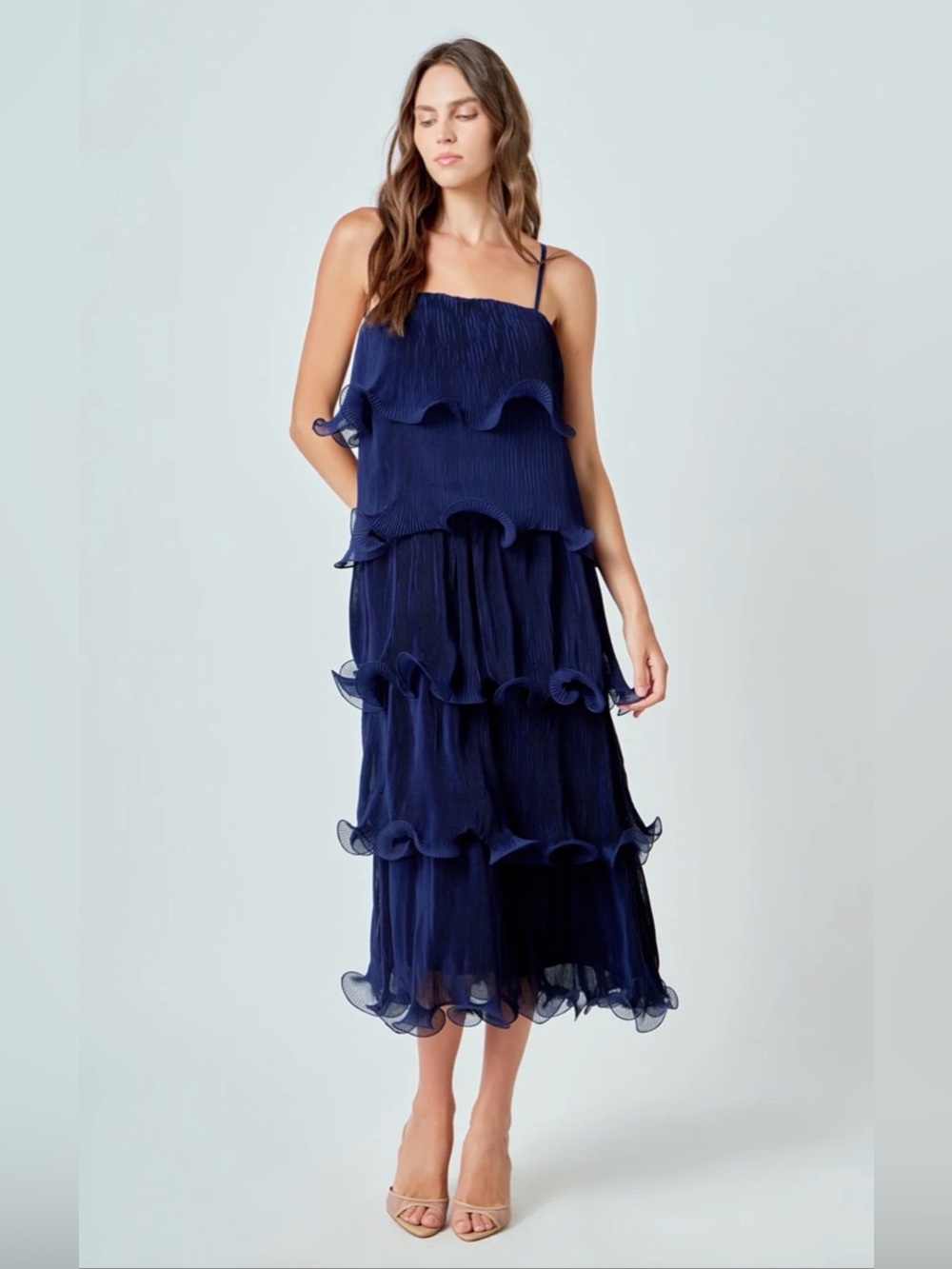 ANTHROPOLOGIE ENDLESS ROSE PLEATED TIERED MIDI DRESS NAVY BLUE S NWT